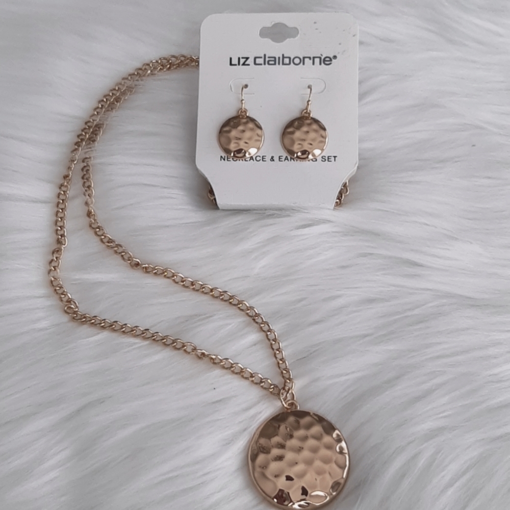 Hammered Gold Necklace and Earrings Set